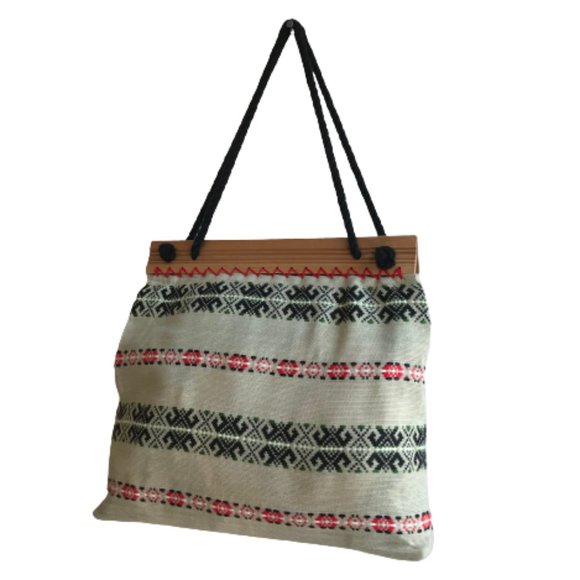 Vintage Tribal Pattern Rope Wood Handmade Tote Bag - Picture 12 of 13